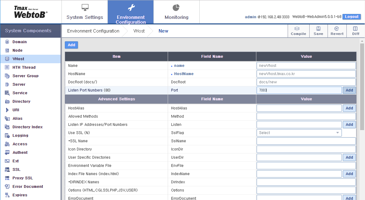 figure webadmin config vhostadd